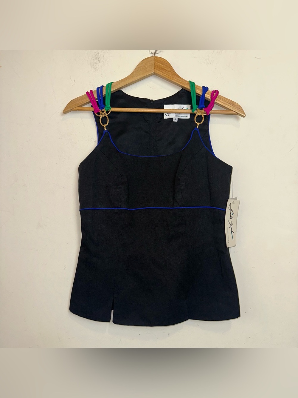 Vintage 1990 Linda Segal 4 Sleeveless Top Black Rainbow Straps Glamorous Goth